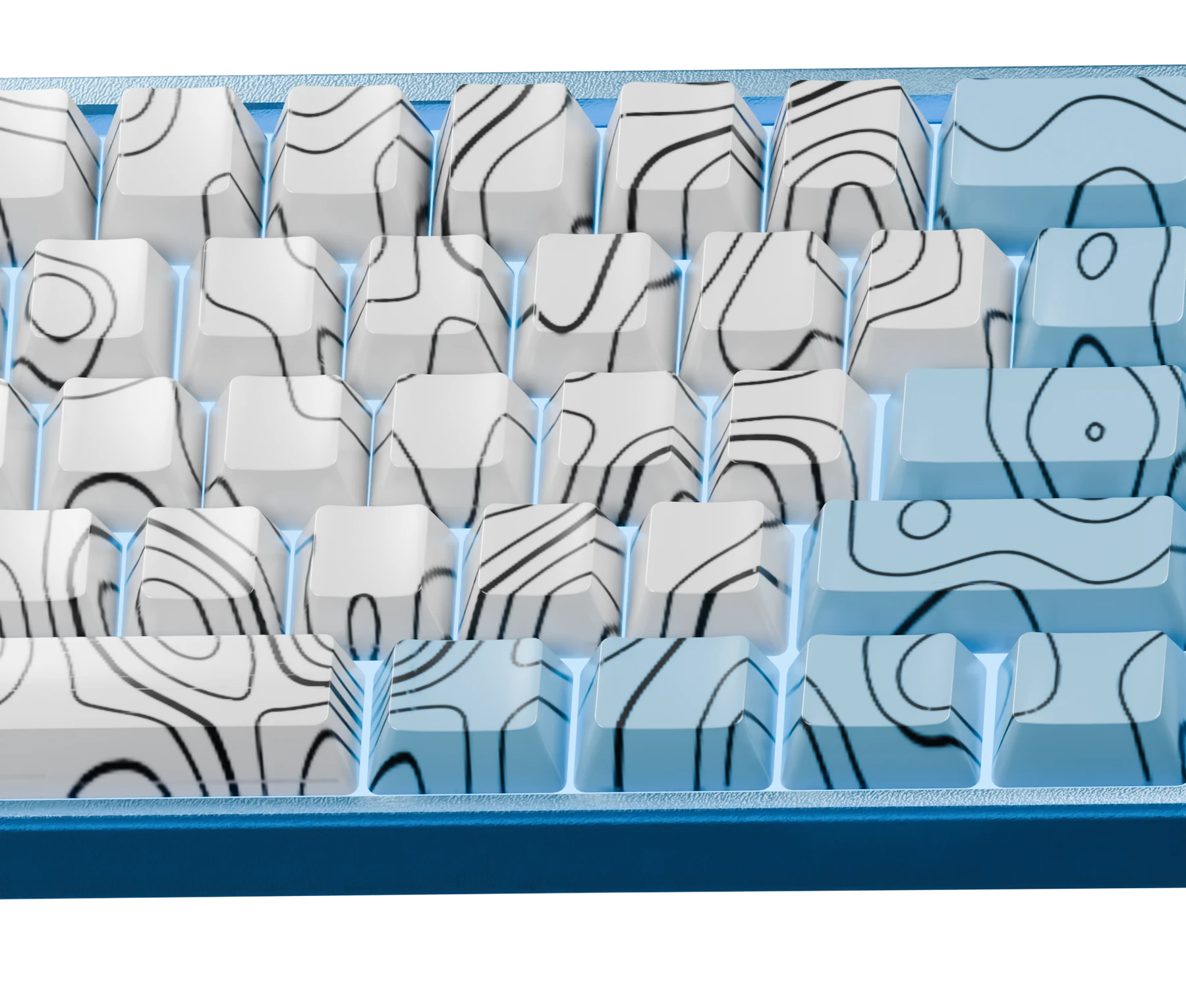 Close-up render of the patterned keycaps and blue case